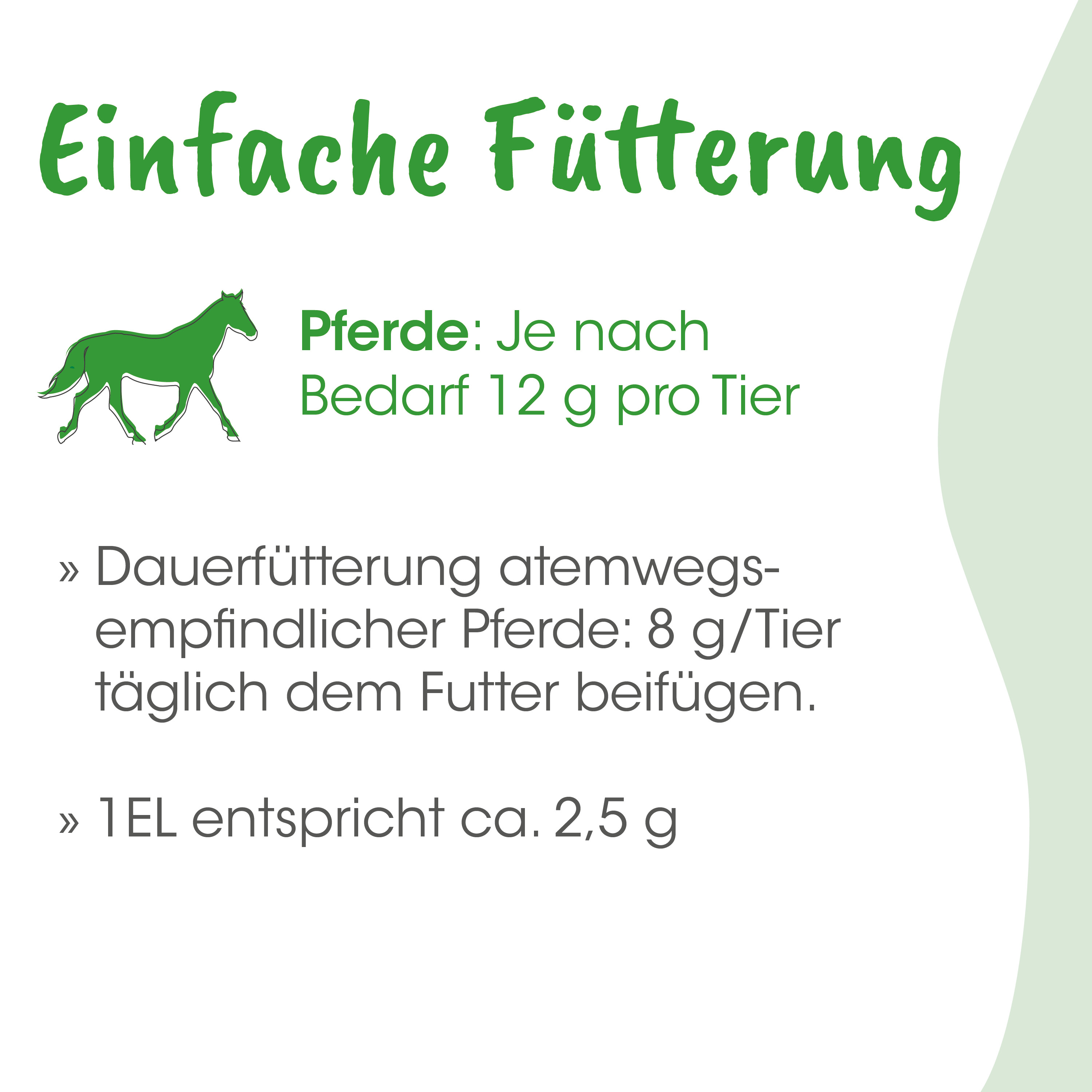 Pferdefutter, Dauerfutter, Gehalt 12 g pro Tier, 8 g pro Tier, Futterportion