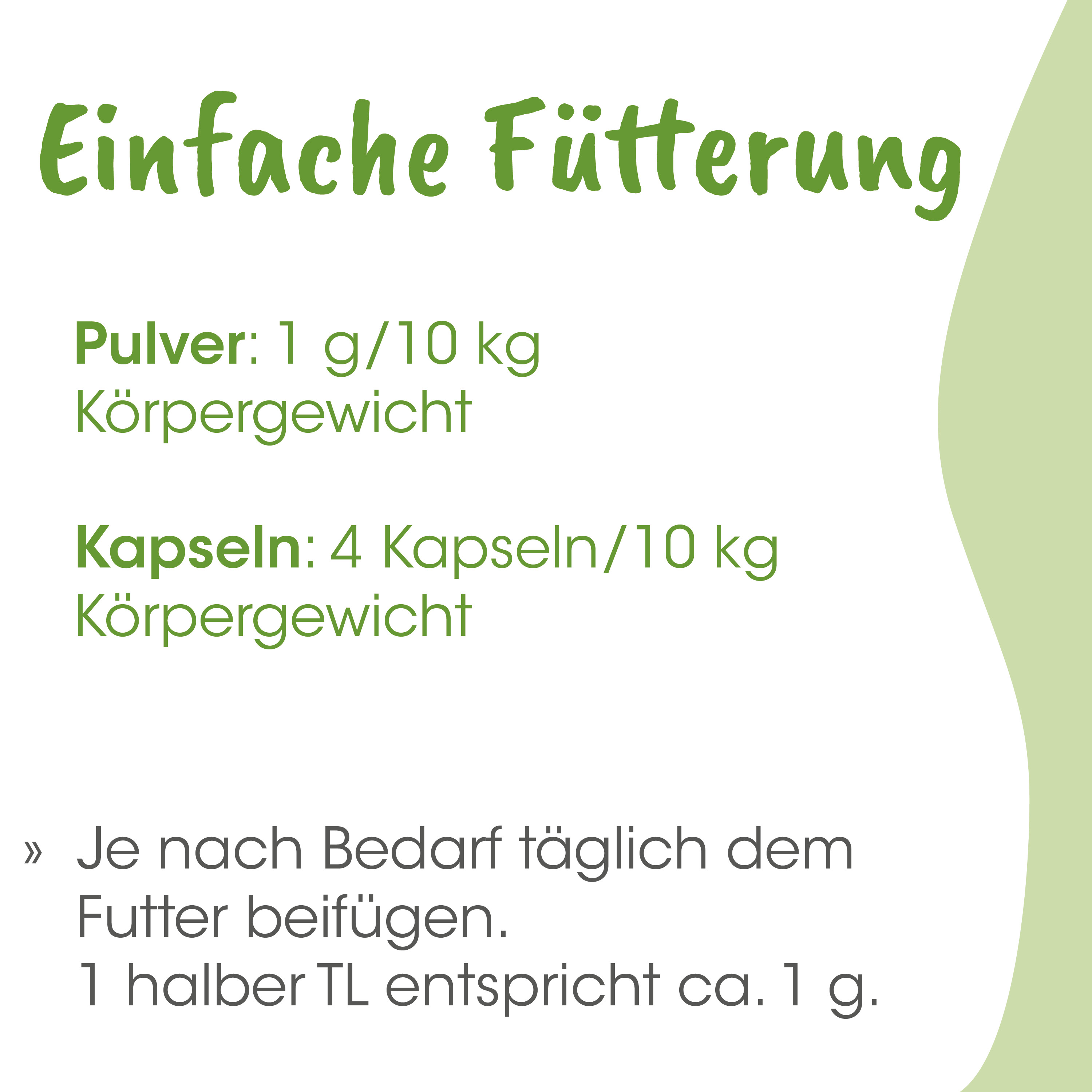 Powder, Kapseln, Gewicht, Verpackung, Fütterung